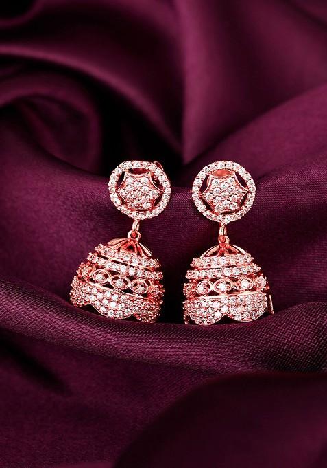 Indya X Giva Rose Gold And White Rose Gold Plated Contemporary Jhumkas Earrings