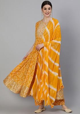 Women Mustard Yellow Bandhani Print Mirror Work Pure Cotton Kurta With Palazzos And With Dupatta