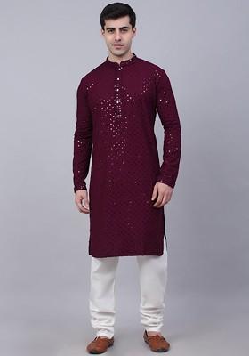 Purple Embroidered Sequin Pure Cotton Kurta With Churidar
