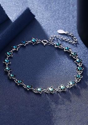 Women Silver Toned And Blue Crystals Silver Plated Charm Bracelet