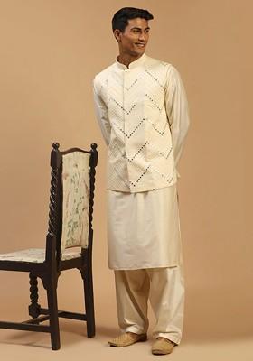 Men Embroidered Mirror Work Nehru Jacket With Kurta And Patiala Set