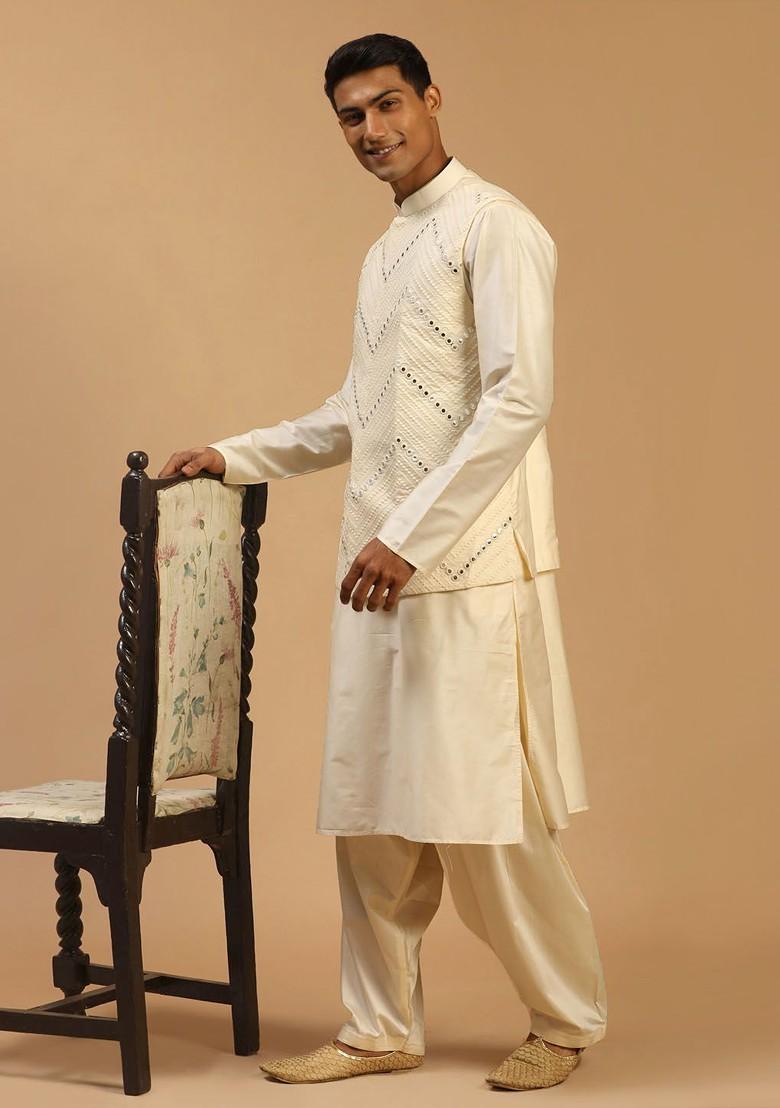 Men Embroidered Mirror Work Nehru Jacket With Kurta And Patiala Set