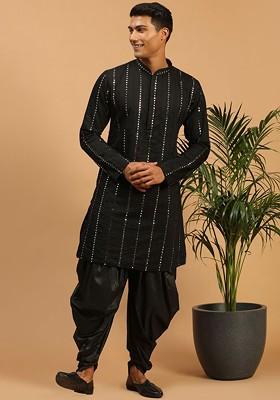 Men Black Embroidered Mirror Work Kurta And Dhoti Pants With Dupatta