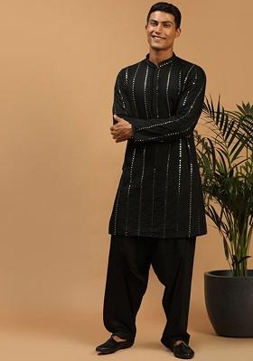 Men Black Embroidered Mirror Work Kurta With Patiala