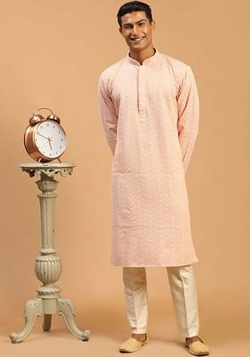 Men Pink Ethnic Motifs Embroidered Chikankari Kurta With Trousers
