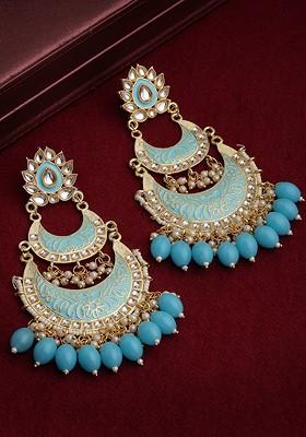 Blue And Gold Plated Crescent Shaped Chandbalis Earrings