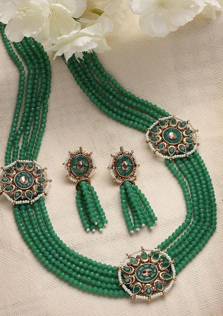 Women Gold Plated Green Stone And Beads Studded Jewellery Set