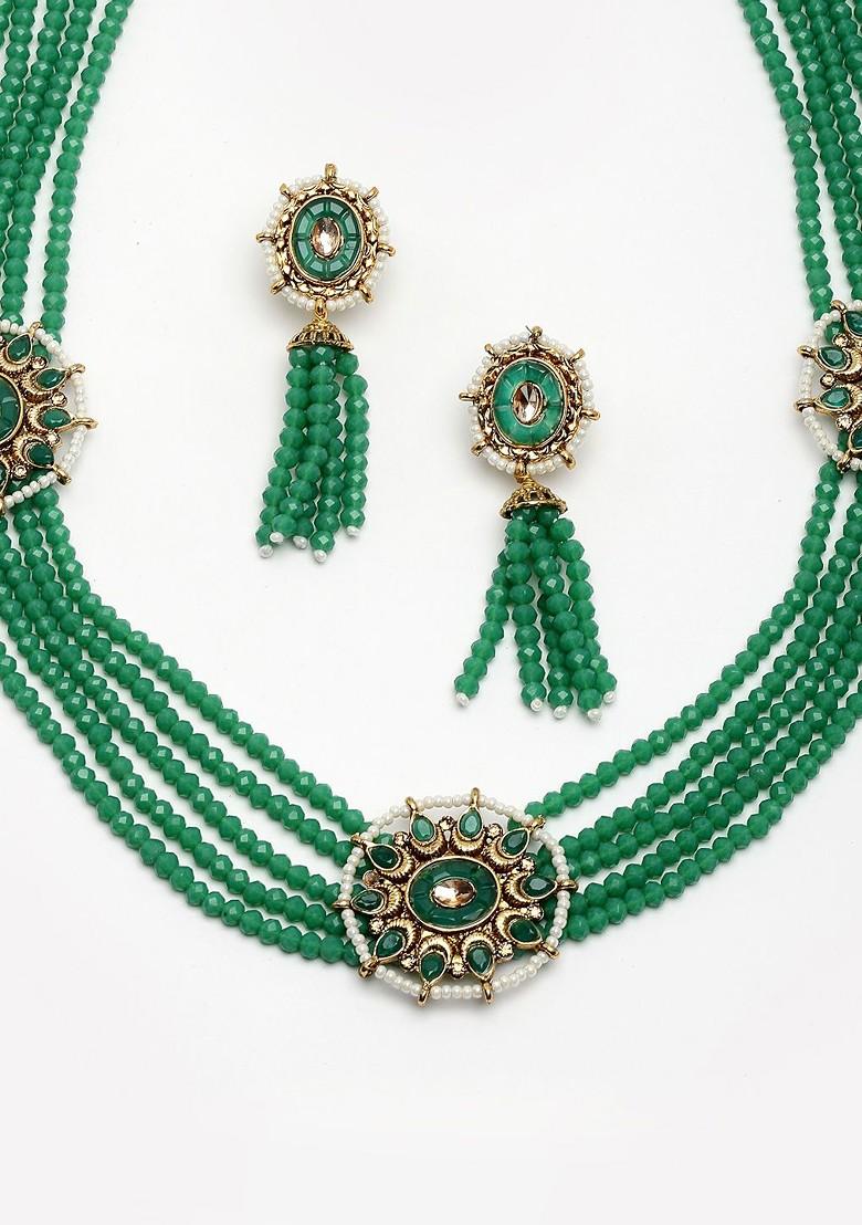 Women Gold Plated Green Stone And Beads Studded Jewellery Set