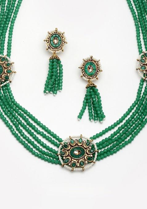 Women Gold Plated Green Stone And Beads Studded Jewellery Set