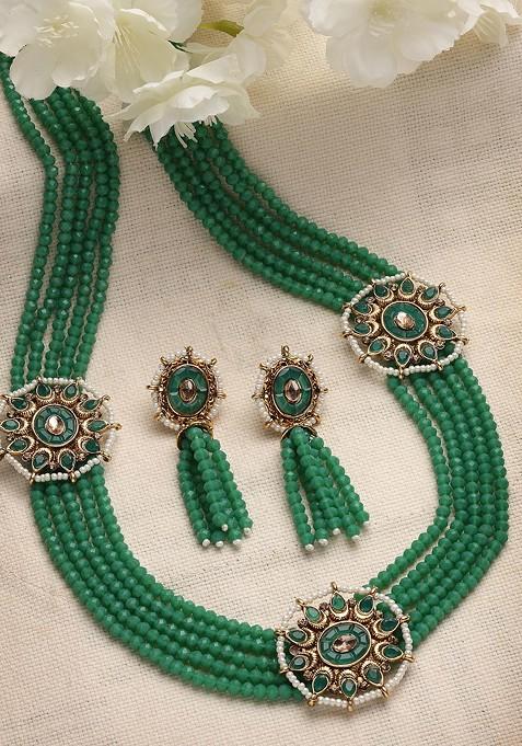 Women Gold Plated Green Stone And Beads Studded Jewellery Set