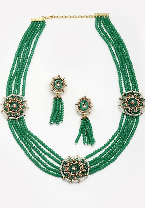 Women Gold Plated Green Stone And Beads Studded Jewellery Set