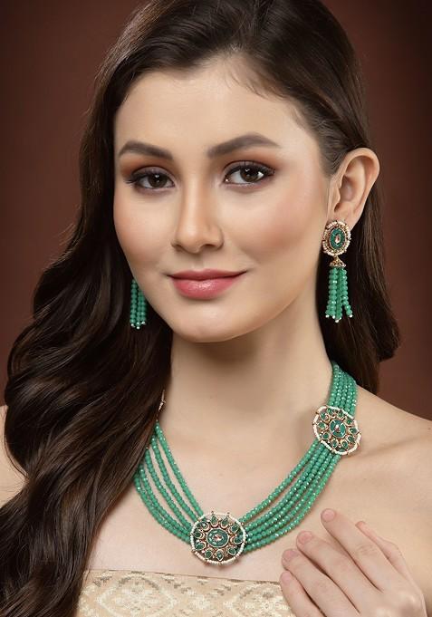 Women Gold Plated Green Stone And Beads Studded Jewellery Set