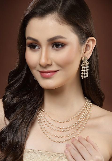 Women Gold Plated White Pearl Layered Jewellery Set