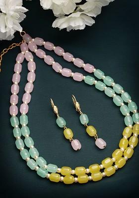 Women Gold Plated Green And Yellow Pearl Beaded Jewellery Set