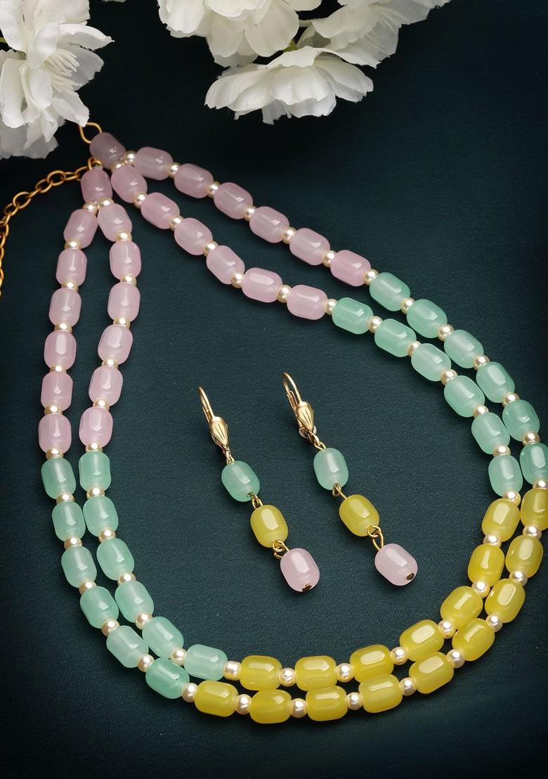 Women Gold Plated Green And Yellow Pearl Beaded Jewellery Set