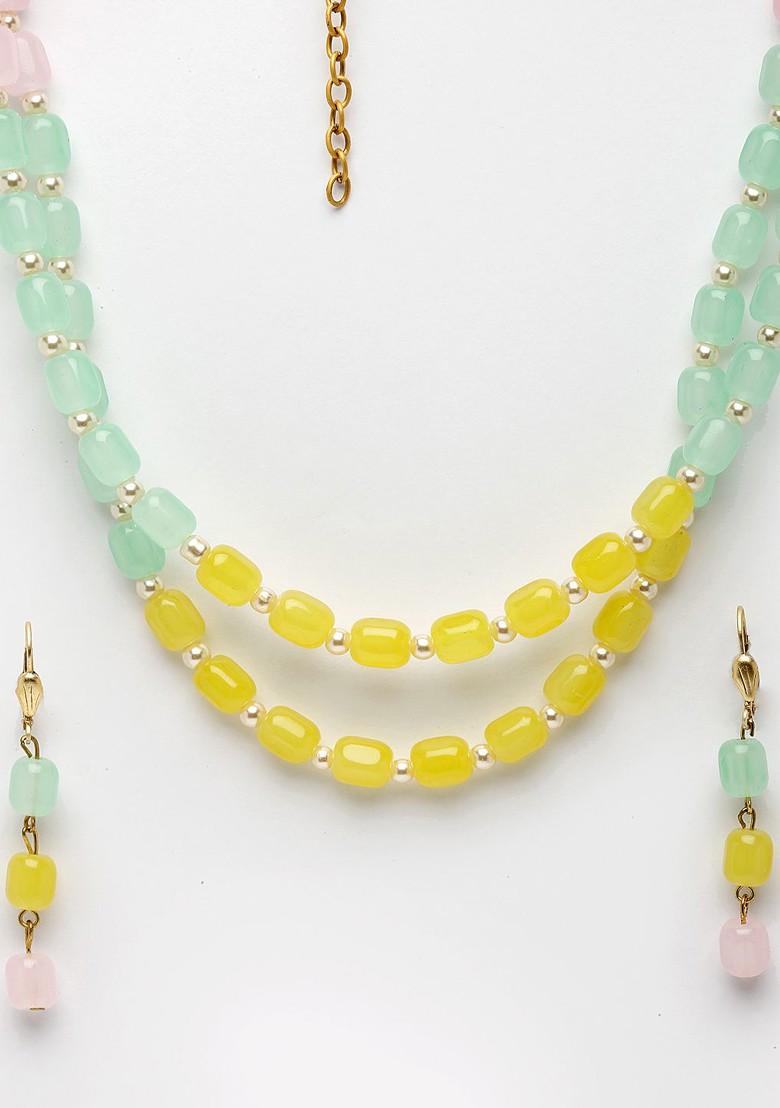 Women Gold Plated Green And Yellow Pearl Beaded Jewellery Set
