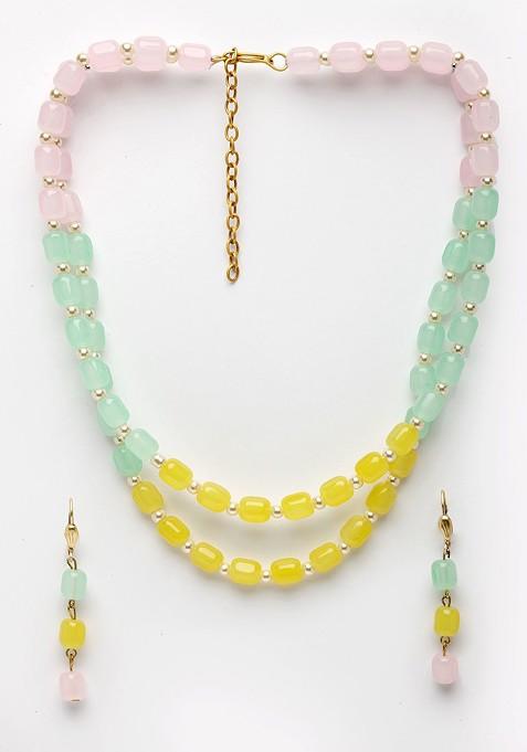 Women Gold Plated Green And Yellow Pearl Beaded Jewellery Set