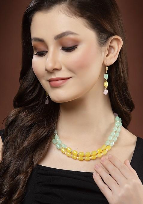 Women Gold Plated Green And Yellow Pearl Beaded Jewellery Set