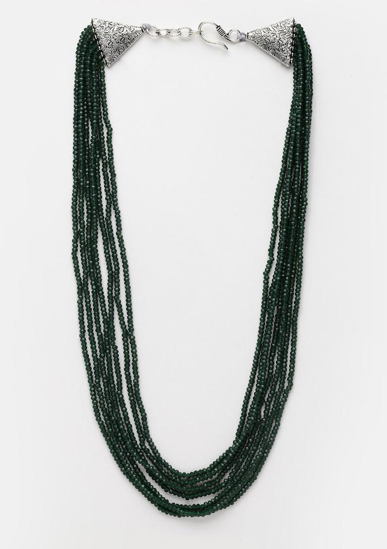 Green And Silver Toned German Silver Silver Plated Oxidised Necklace - Indya