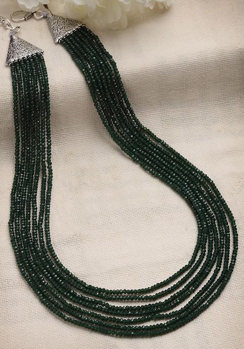 Green And Silver Toned German Silver Silver Plated Oxidised Necklace