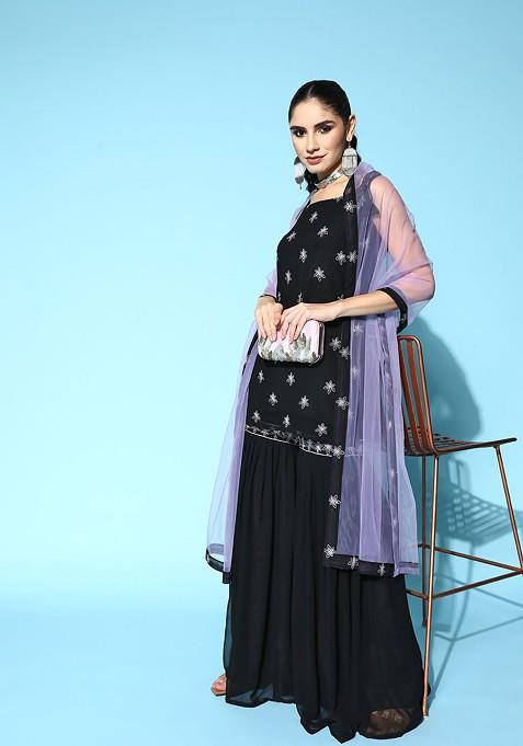 Women Floral Embroidered Kurta With Sharara And Dupatta