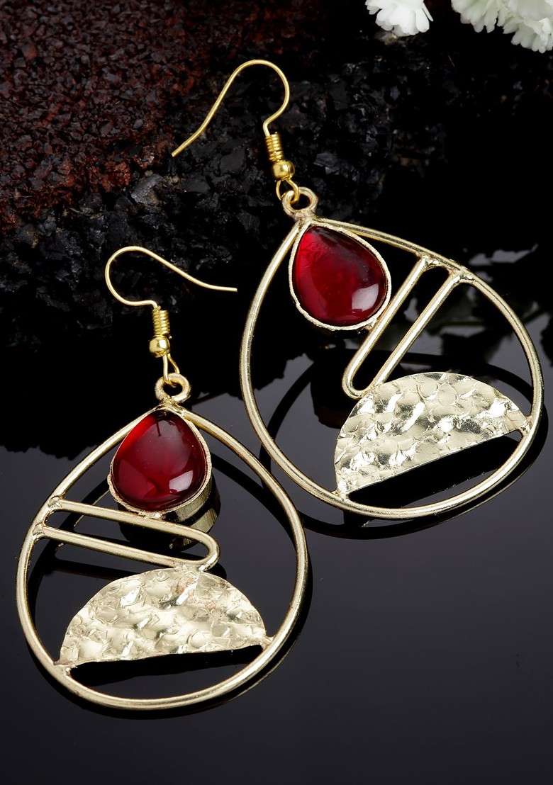 Gold Plated Stone Studded Teardrop Shaped Drop Earrings - Indya