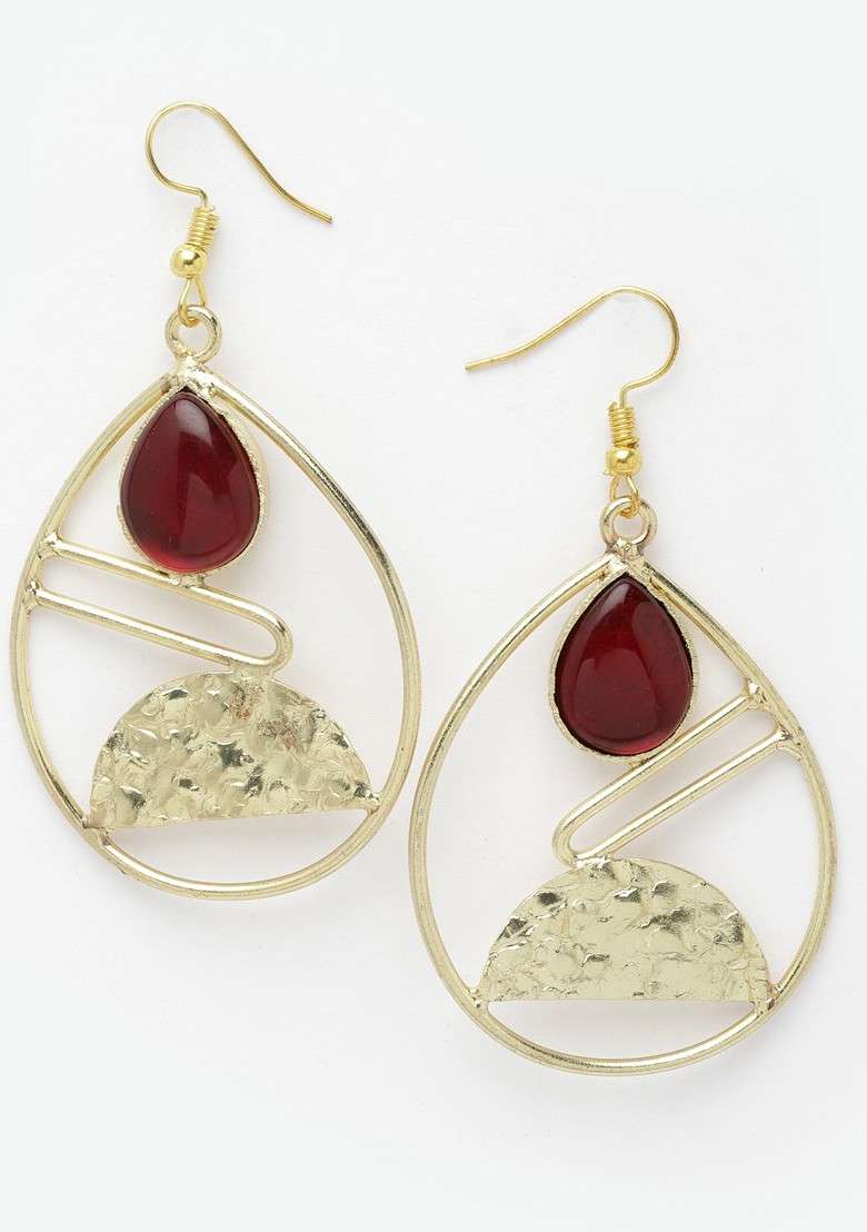 Gold Plated Stone Studded Teardrop Shaped Drop Earrings - Indya