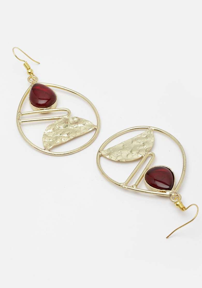 Gold Plated Stone Studded Teardrop Shaped Drop Earrings - Indya