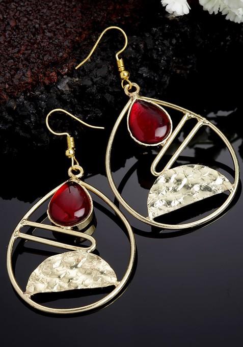 Gold Plated Stone Studded Teardrop Shaped Drop Earrings