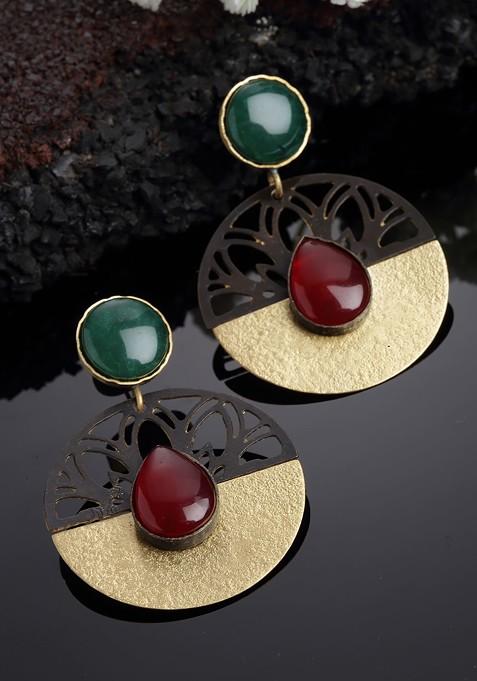 Gold Plated Stone Studded Circular Handcrafted Drop Earrings