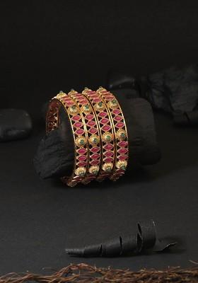 Set Of 4 24 CT Gold Plated Stone Studded Designer Bangle