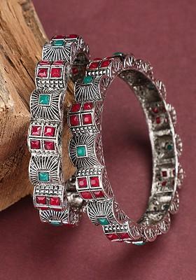 Set Of 2 Oxidized Silver Plated Stones Studded Bangles