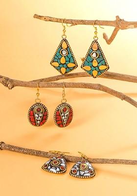 Set Of 3 Silver Plated Contemporary Drop Earrings