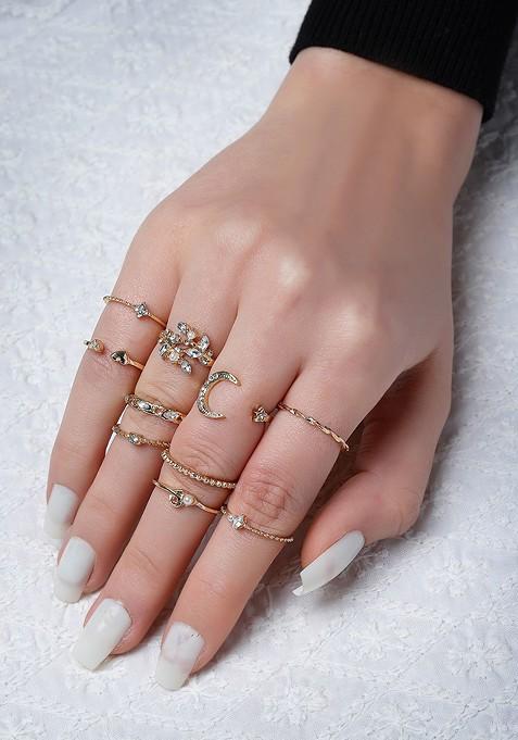 Set Of 10 Gold Plated And AD Studded Finger Rings