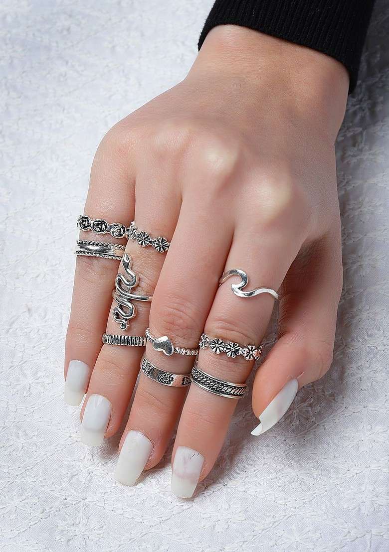 Set of 13 Oxidised Silver Plated Finger Rings - Indya