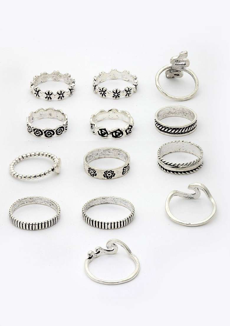 Set of 13 Oxidised Silver Plated Finger Rings - Indya