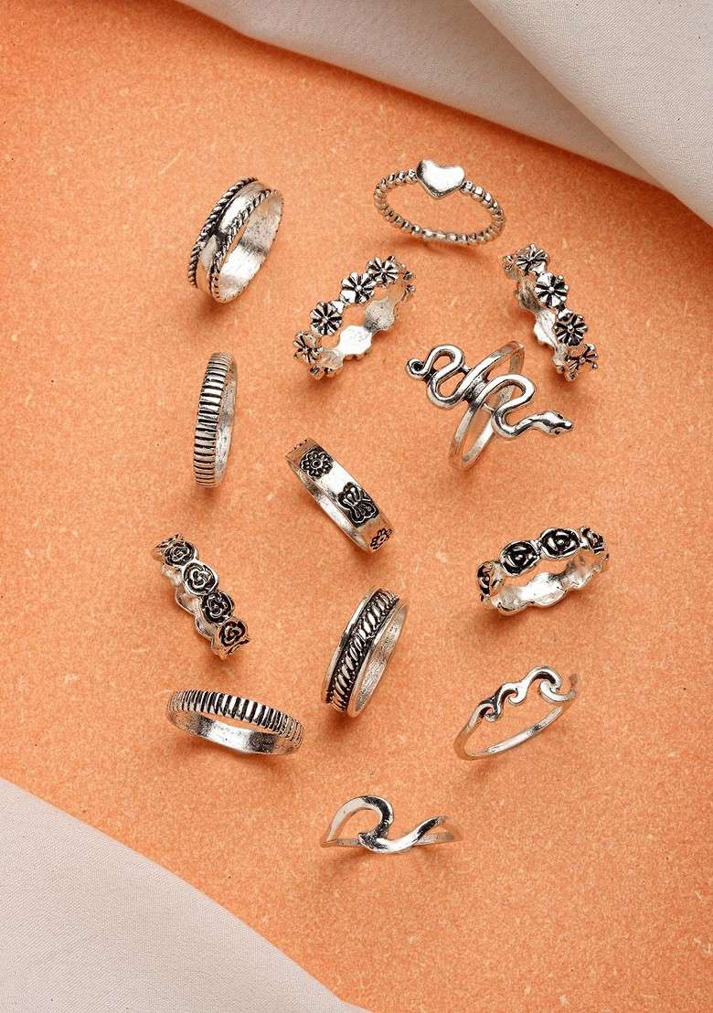 Set of 13 Oxidised Silver Plated Finger Rings - Indya