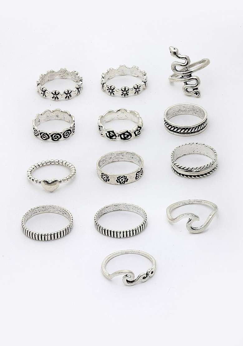 Set of 13 Oxidised Silver Plated Finger Rings - Indya