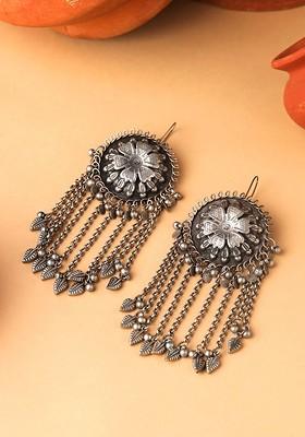 Silver Toned Oxidised Floral Design Dangler Earrings