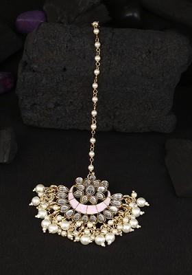 Stone Studded And Bead Gold Plated Moon Shaped Maang Tikka