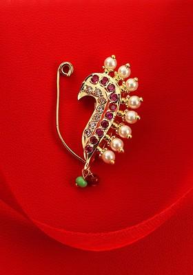 Gold Plated Stone Studded And Pearl Bead Nosepin