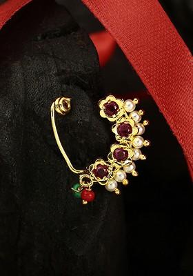 24 CT Gold Plated Stone Studded And Pearl Bead Nosepin