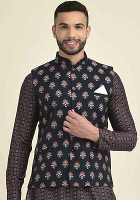 Men Navy Blue Ethnic Motifs Printed Pure Cotton Kurta With Pyjamas