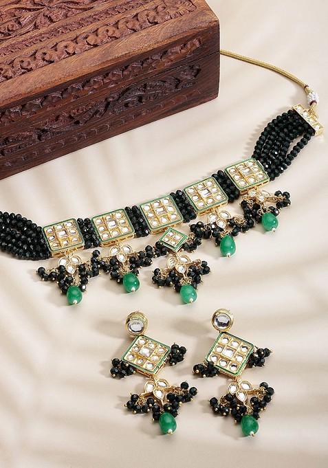 Gold Plated Kundan Studded And Pearl Beaded Jewellery Set