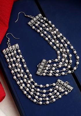 Oxidised Silver Plated Pearls Layered Ear Chains