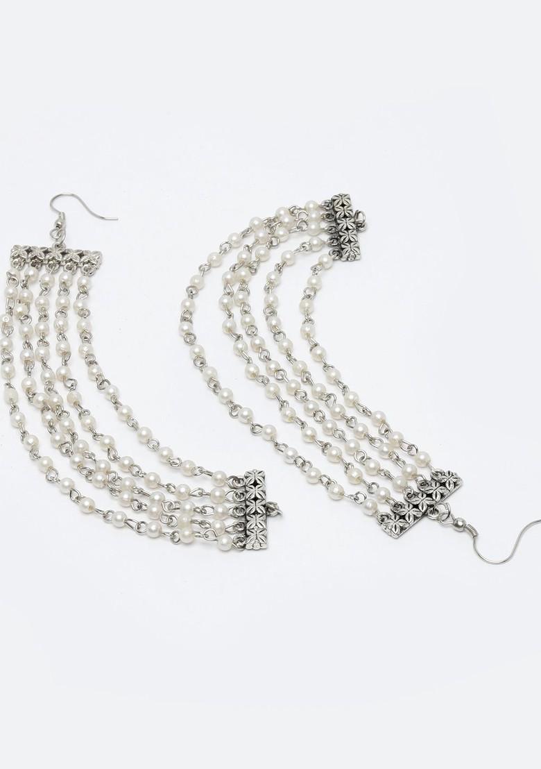 Oxidised Silver Plated Pearls Layered Ear Chains