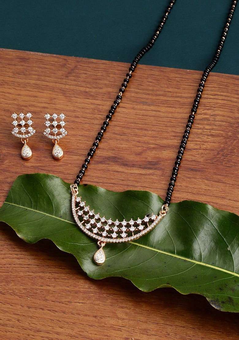 Gold Plated AD Studded Handcrafted Mangalsutra With Earrings - Indya