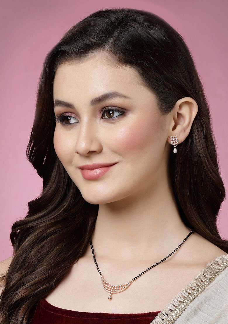 Gold Plated AD Studded Handcrafted Mangalsutra With Earrings - Indya