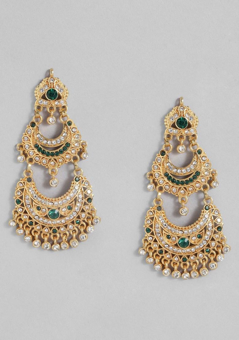 Buy Women Stone Studded Crescent Shaped Chandbali Earrings