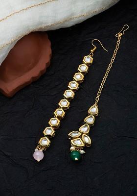 Set Of 2 Gold Plated Kundan Studded And Beaded Maang Tikka